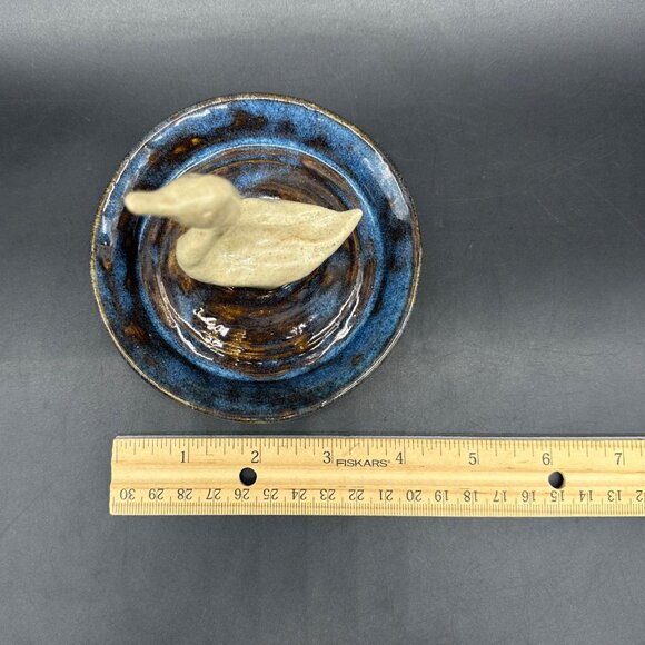 Art Pottery Swan Ring Dish Trinket Holder Bird Figurine Jewelry Blue Signed - Picture 10 of 10
